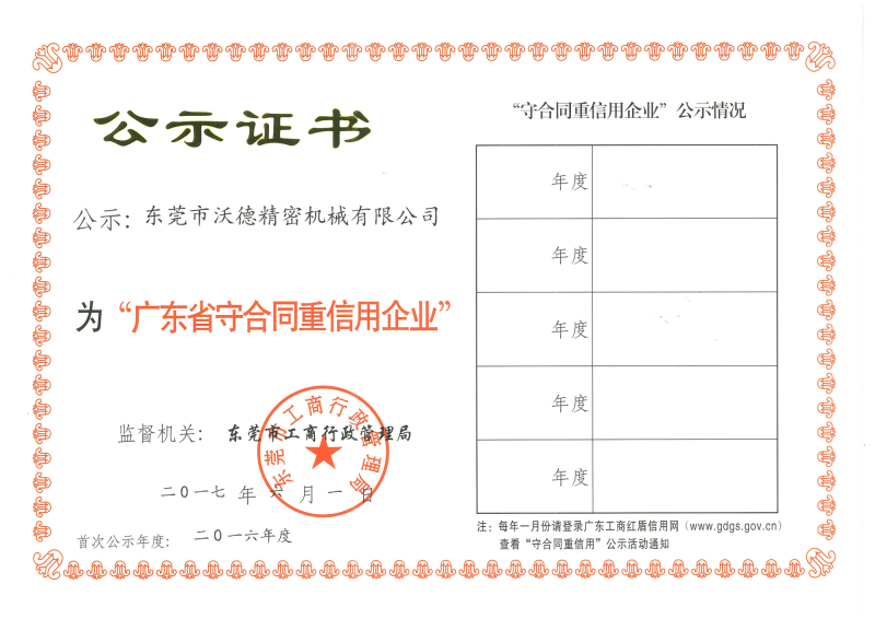 沃德为广东省守合同重信用企业